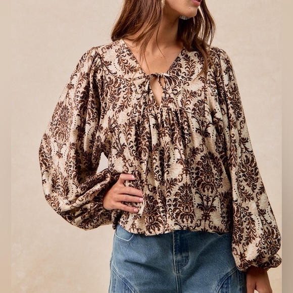 BiBi Printed Woven Front Tied Blouse with Balloon Sleeves - Picture 1 of 11